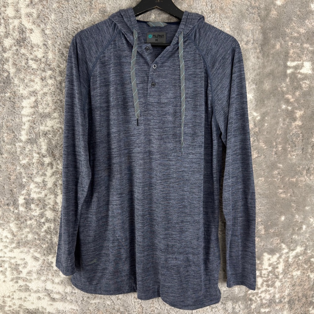 Alpha Lacrosse Company Size M Space Dye Henley Hoodie Blue Long Sleeve Men